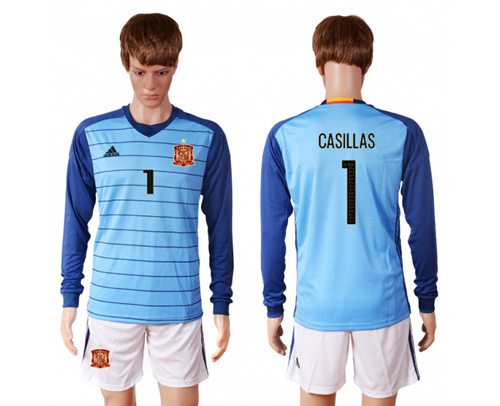 Spain 1 Casillas Blue Goalkeeper Long Sleeves Soccer Country Jersey