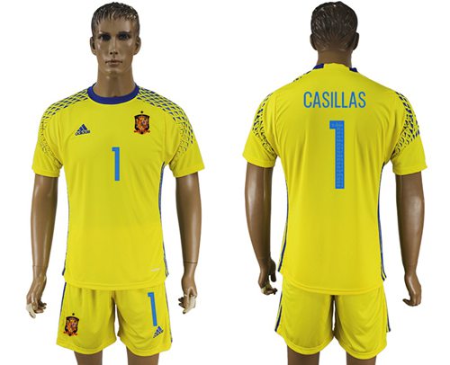 Spain 1 Casillas Yellow Goalkeeper Soccer Country Jersey