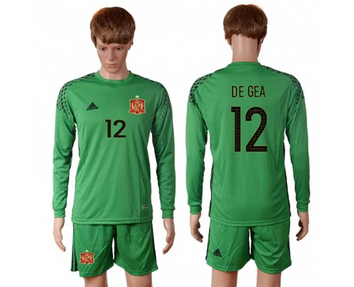 Spain 12 De Gea Green Goalkeeper Long Sleeves Soccer Country Jersey