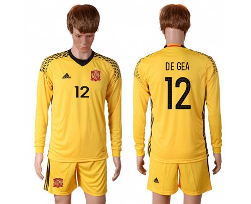Spain 12 De Gea Yellow Goalkeeper Long Sleeves Soccer Country Jersey