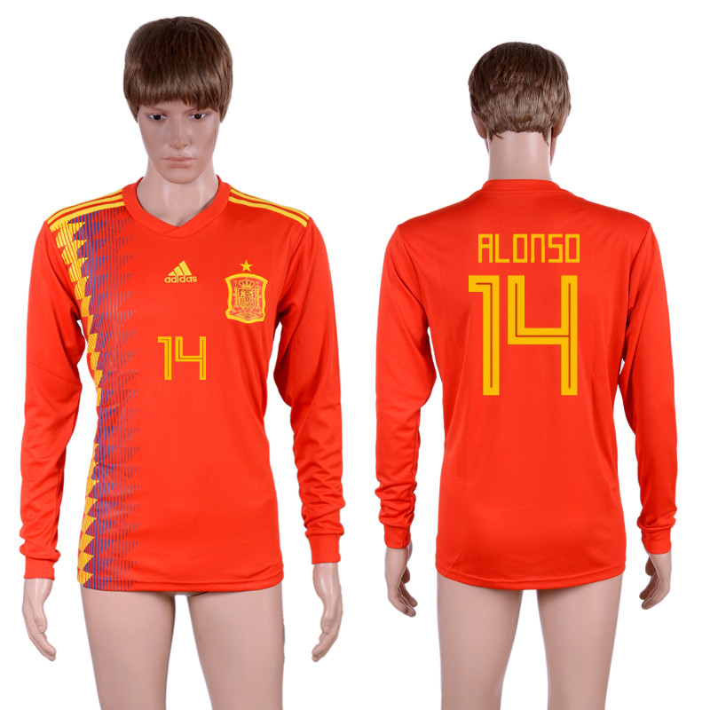 Spain 14 ALONSO Home 2018 FIFA World Cup Long Sleeve Thailand Soccer Jersey