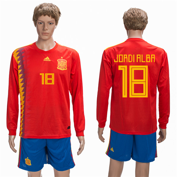 Spain 18 JORDI ALBA Home 2018 FIFA World Cup Long Sleeve Soccer Jersey