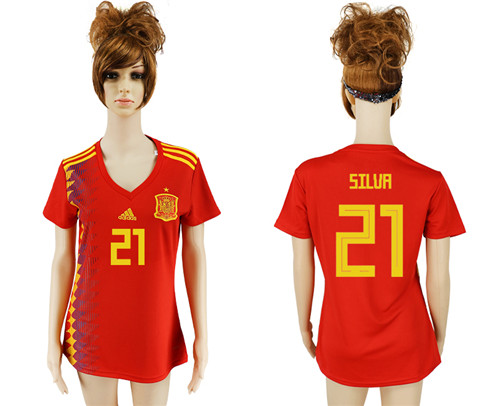 Spain 21 SILVA Home Women 2018 FIFA World Cup Soccer Jersey
