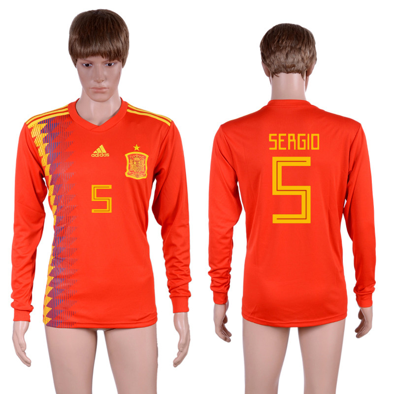 Spain 5 SERGIO Home 2018 FIFA World Cup Long Sleeve Thailand Soccer Jersey