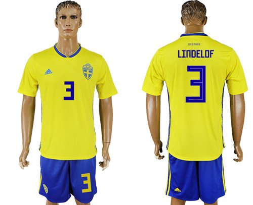 Sweden 3 LINDELOF Home 2018 FIFA World Cup Soccer Jersey