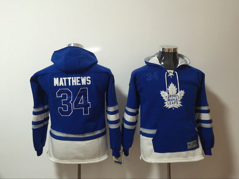 Toronto Maple Leafs 34 Auston Matthews Blue Youth All Stitched Hooded Sweatshirt