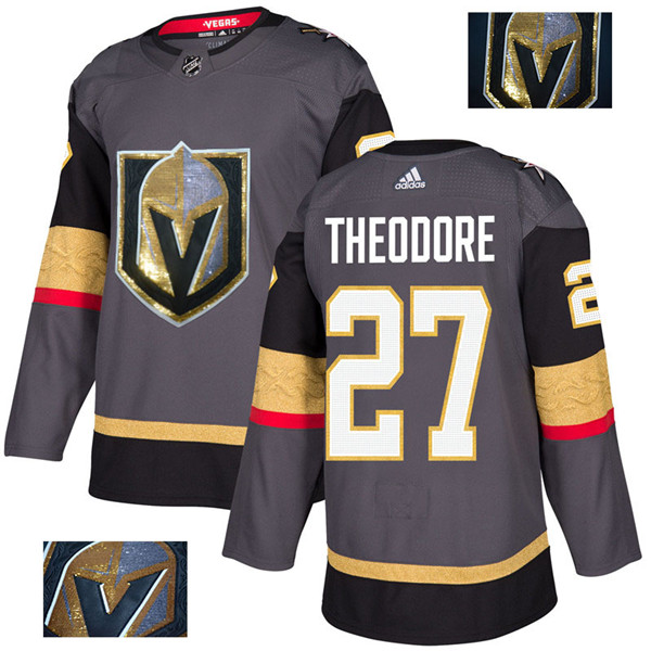 Vegas Golden Knights 27 Shea Theodore Gray With Special Glittery Logo  Jersey