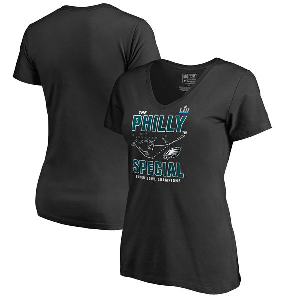 Women's Philadelphia Eagles NFL Pro Line by Fanatics Branded Black Super Bowl LII Champions Philly Special 2.0 V Neck T Shirt