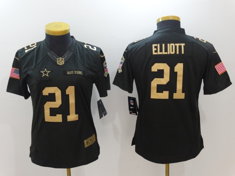 Women  Dallas Cowboys 21 Ezekiel Elliott Anthracite Gold Special Edition Salute to Service Jersey