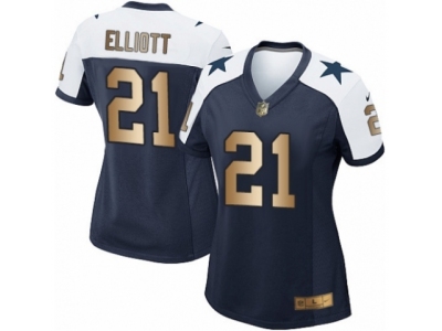 Women  Dallas Cowboys 21 Ezekiel Elliott Elite Navy Gold Throwback Alternate NFL Jersey