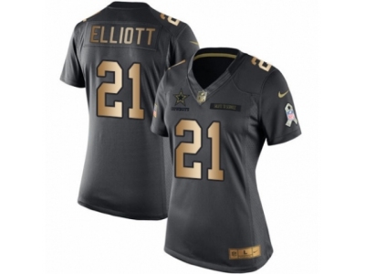 Women  Dallas Cowboys 21 Ezekiel Elliott Limited Black Gold Salute to Service NFL Jersey