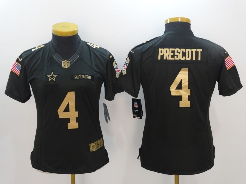 Women  Dallas Cowboys 4 Dak Prescott Anthracite Gold Special Edition Salute to Service Jersey