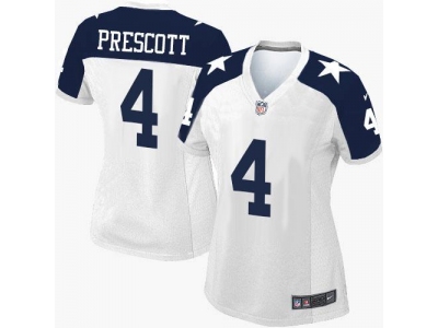 Women  Dallas Cowboys 4 Dak Prescott White Thanksgiving Throwback Stitched NFL Elite Jersey