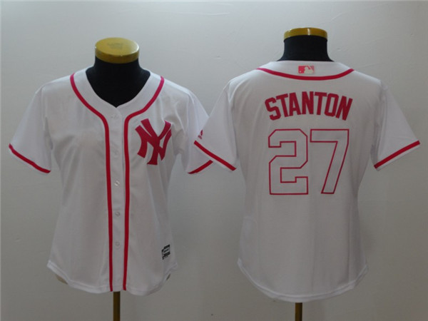 Yankees 27 Giancarlo Stanton White Pink Women Cool Base Jersey