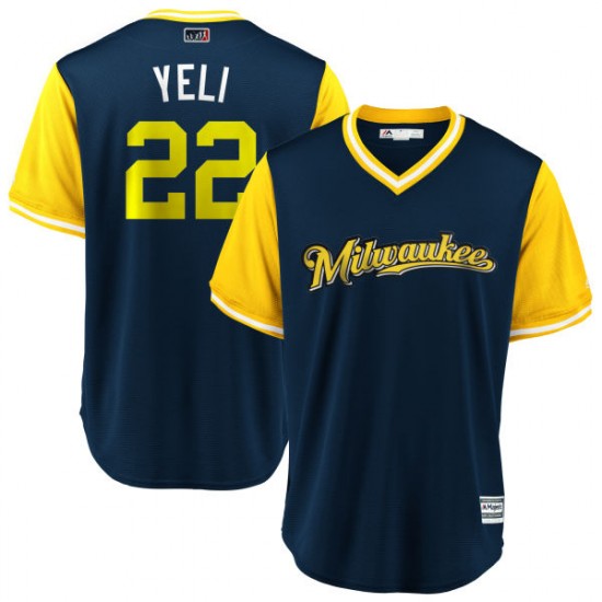 Youth Majestic Christian Yelich Milwaukee Brewers Yellow YELI Navy 2018 Players Weekend Cool Base Jersey