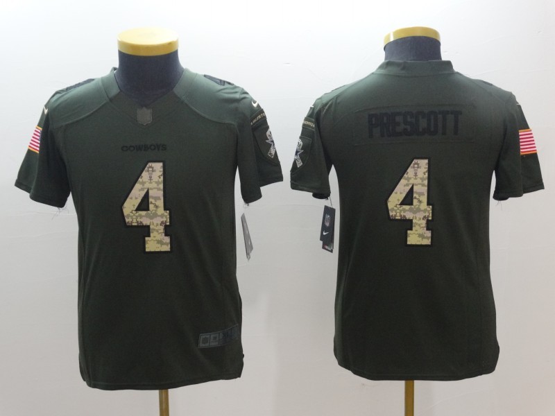 Youth  Dallas Cowboys 4 Dak Prescott Green Stitched NFL Limited Salute to Service Jersey