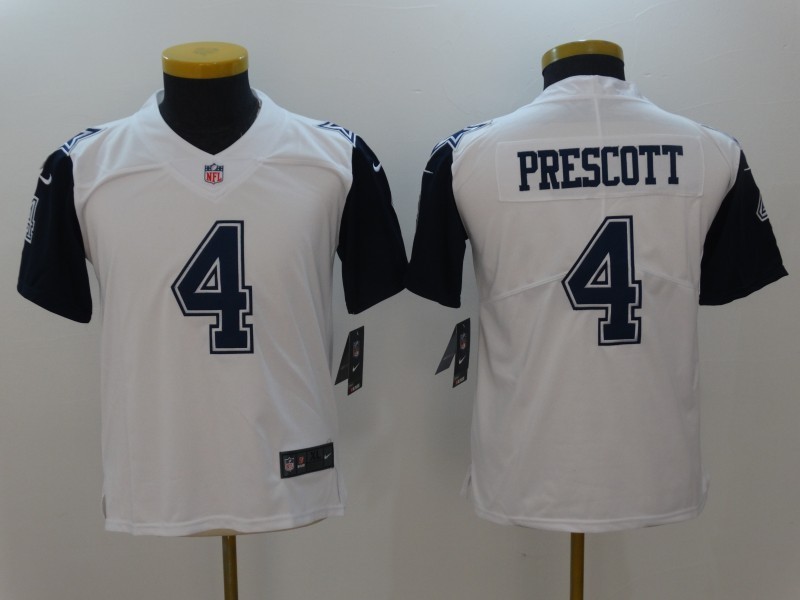 Youth  Dallas Cowboys 4 Dak Prescott White Stitched NFL Elite Rush Jersey